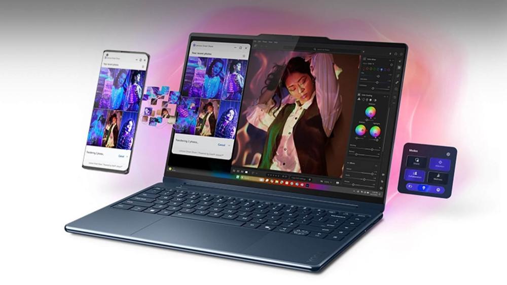Lenovo Yoga Slim laptop showing AI-powered creative editing and device sync