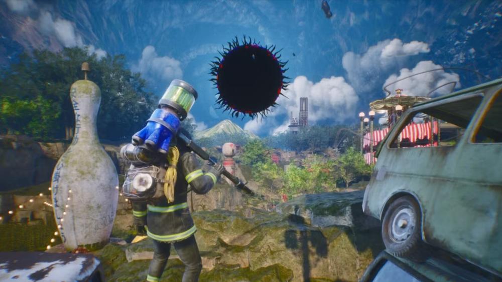 Let It Die Inferno PS5 gameplay scene with player and portal