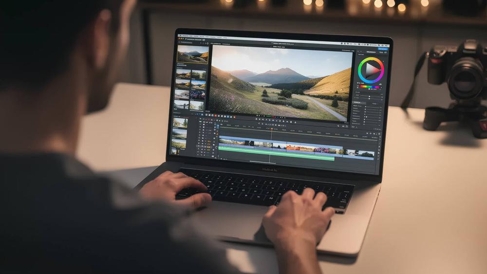 User editing video on MacBook Pro 14 M5 with XDR display quality