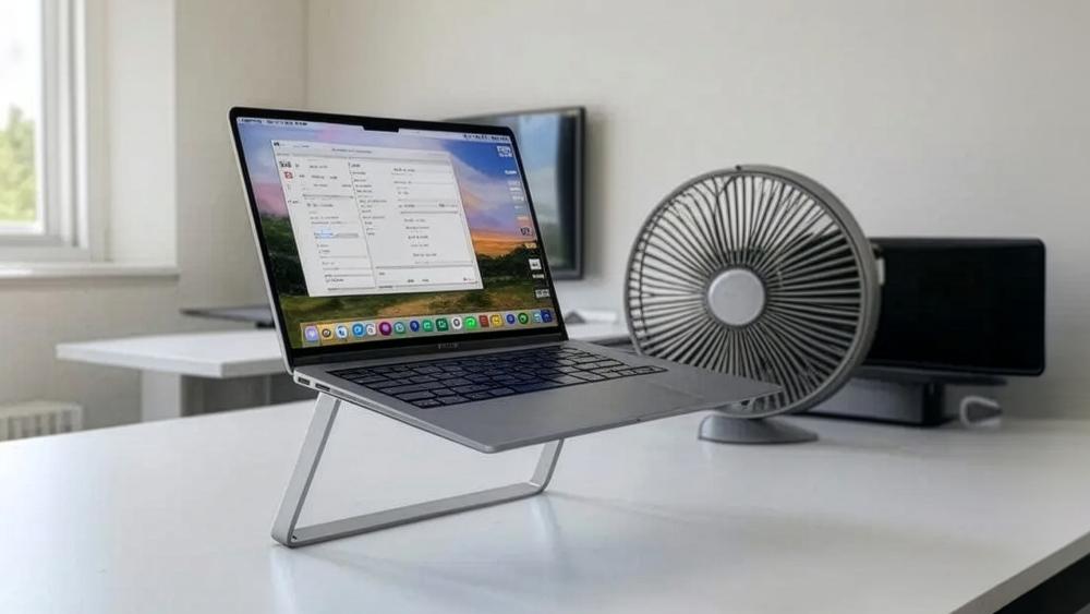 MacBook Pro cooling setup with laptop stand and external fan