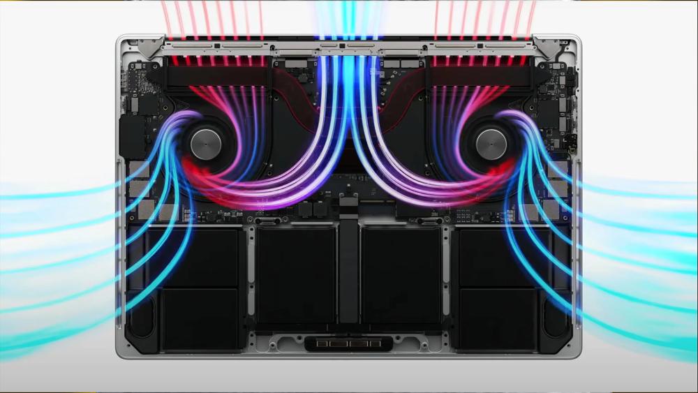 MacBook Pro internal cooling system with airflow and fans