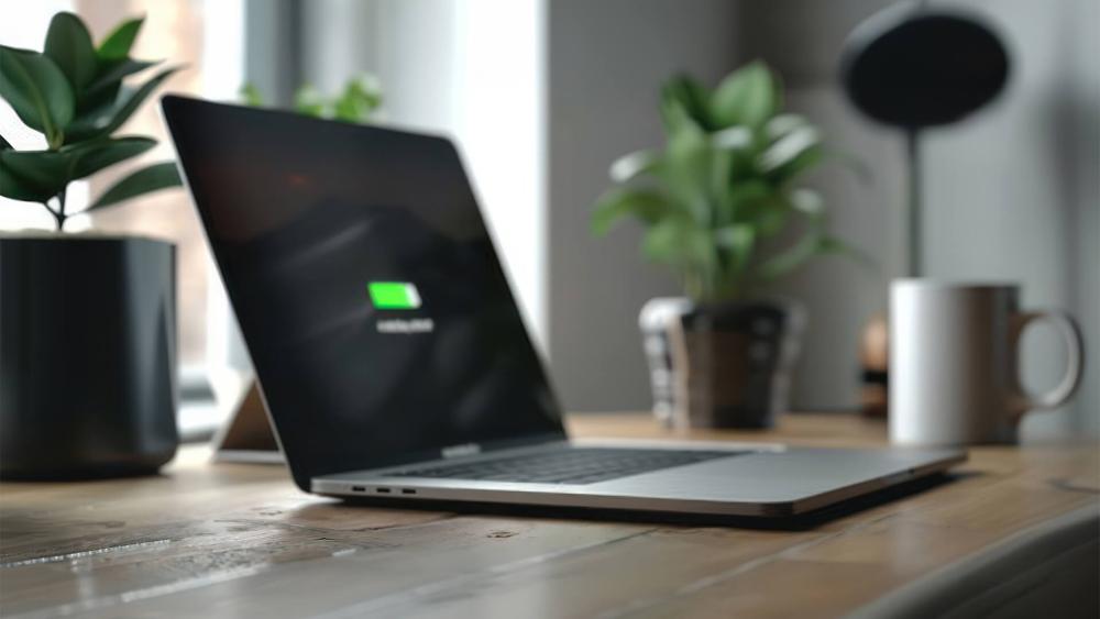 MacBook Pro charging slowly on desk with battery indicator