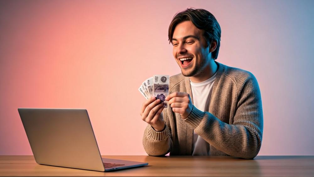 Man celebrates saving money while buying a laptop online.