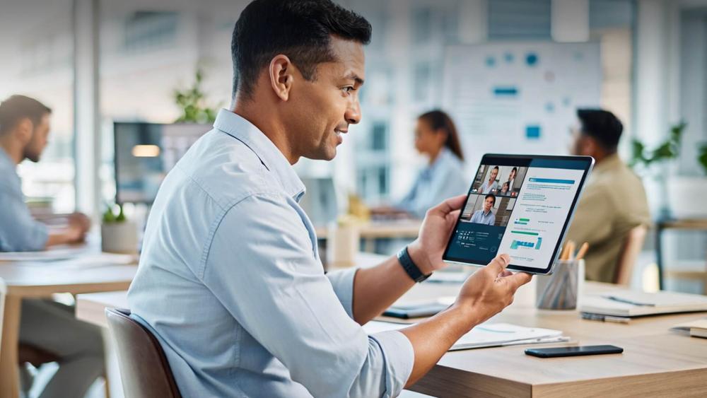 Man using a tablet for video calls and document work in office