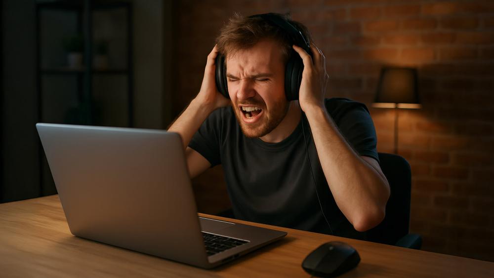 Man wearing headphones looking frustrated while using a laptop.