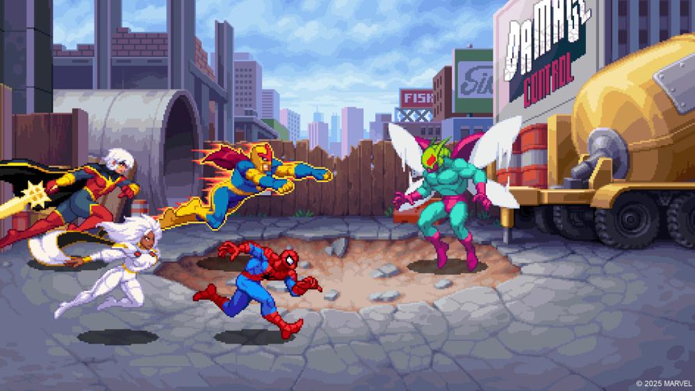 MARVEL Cosmic Invasion pixel heroes fighting in city scene