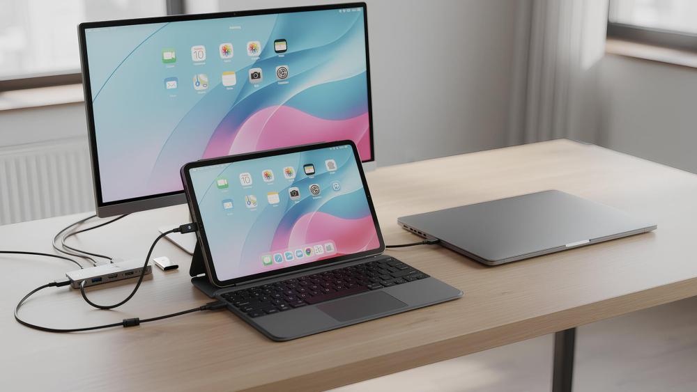 mid-size tablet with keyboard and monitor in desk setup