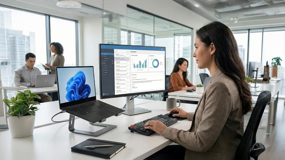 Professional working with laptop and external monitor in office