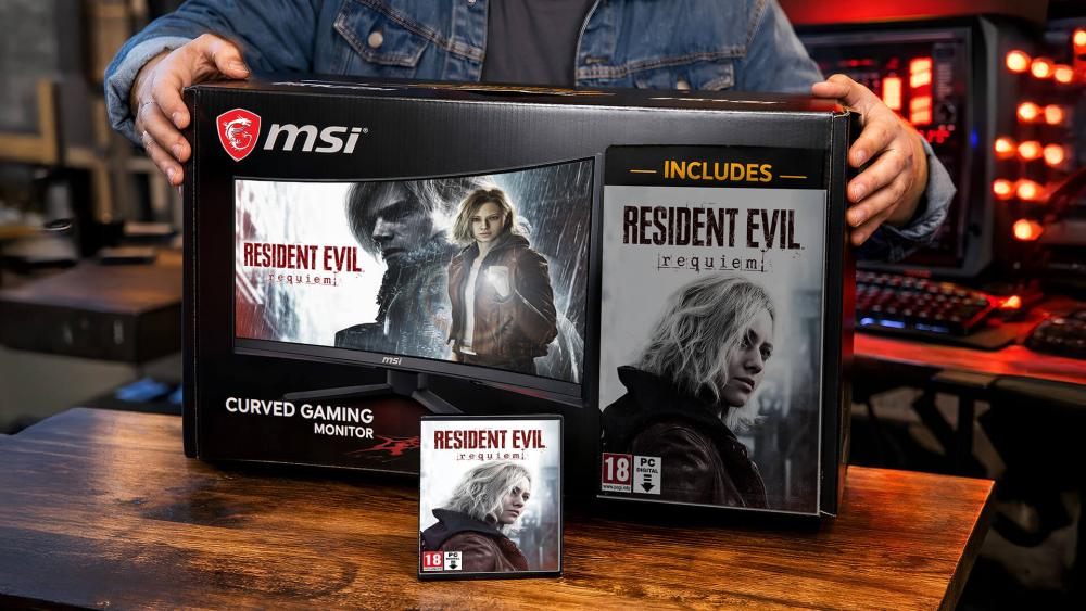 MSI curved QD-OLED gaming monitor box featuring Resident Evil Requiem promotional bundle offer