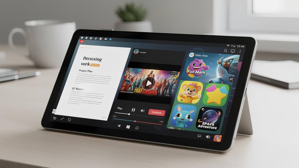 Tablet displaying multitasking apps and media content on a desk