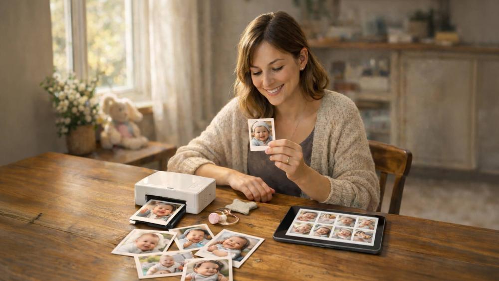 Mother printing baby photos at home using a wireless photo printer while viewing images on a tablet.