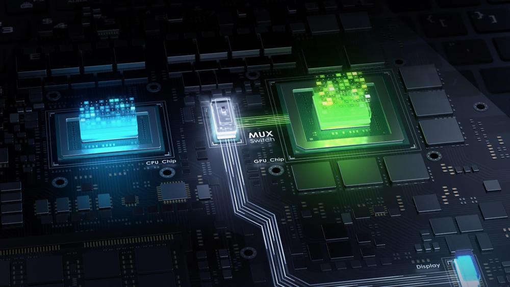 Illustration of a laptop motherboard showing a MUX switch enabling direct connection between CPU and GPU chips for improved gaming performance and display output.