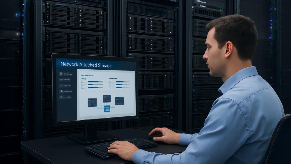 Administrator managing network attached storage in server room