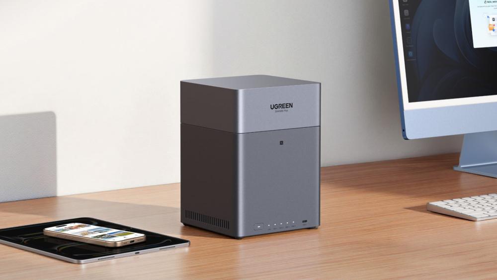 Compact NAS device on a modern home office desk setup