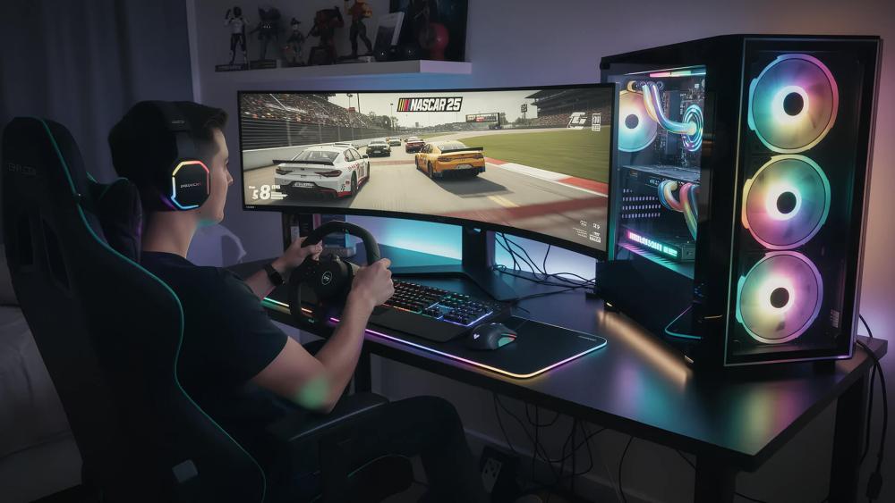 PC setup running NASCAR 25 with high graphics and ultrawide display