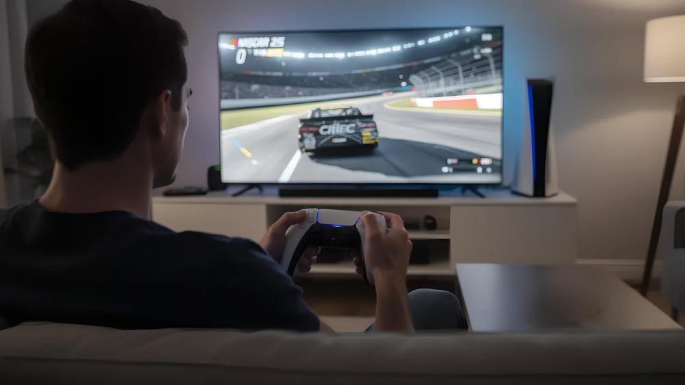 Playing NASCAR 25 on PS5 with DualSense controller and TV setup
