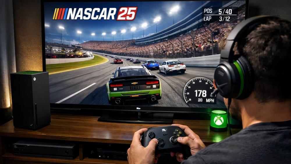 User playing NASCAR 25 on Xbox Series X using controller and TV setup