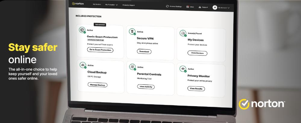 Norton 360 dashboard showing active scam protection and security tools