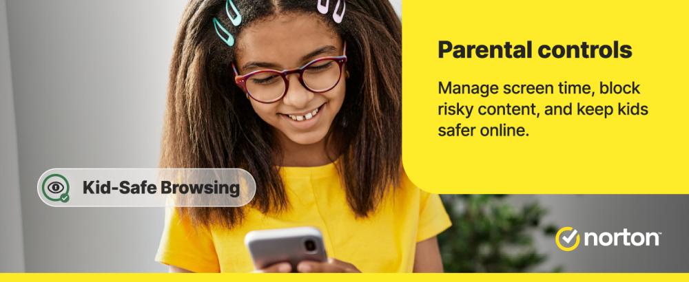Child using smartphone safely with Norton parental control protection