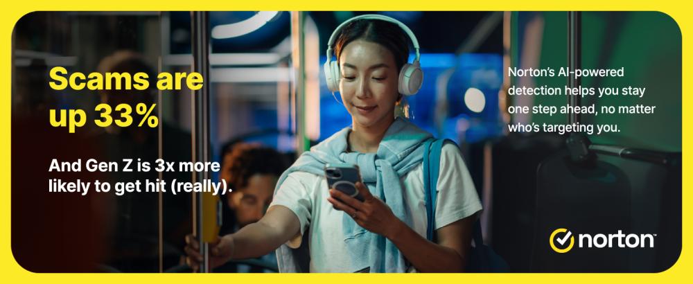Gen Z user on phone showing rise in online scams and Norton protection