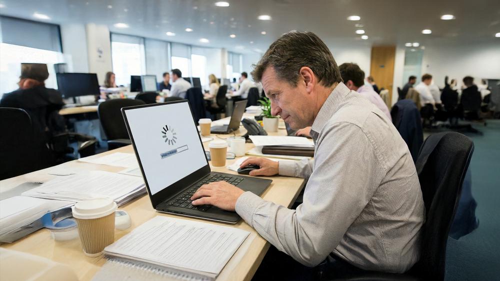Office worker using a laptop with loading screen in a modern open plan office