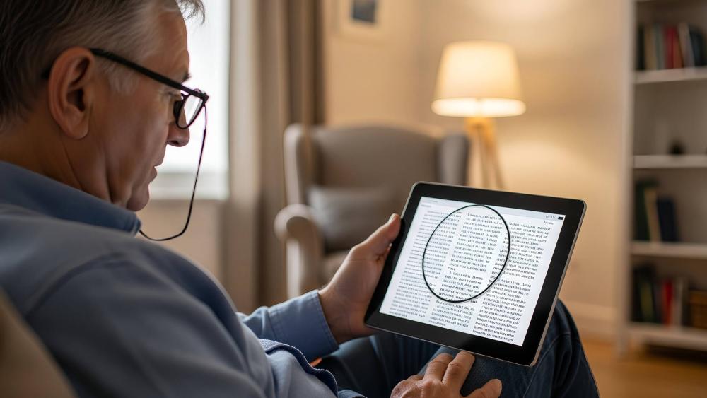 Older adult reading text with magnification on a 10-inch tablet