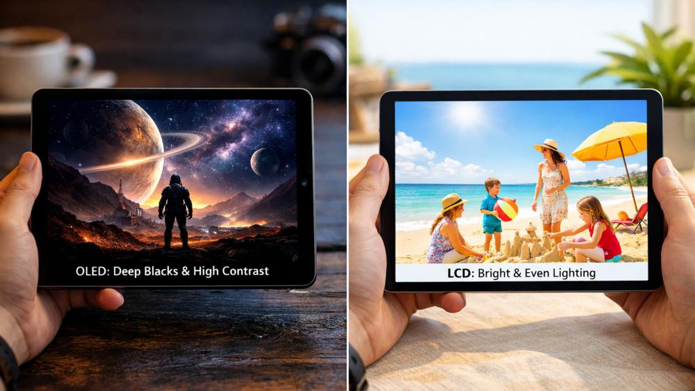 OLED vs LCD display quality comparison on a 10 inch tablet screen