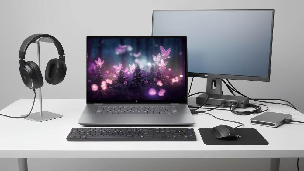 OmniBook AI laptop with accessories in home office setup