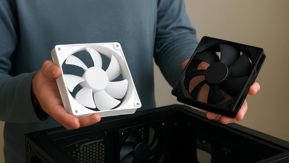 User comparing white and black PC airflow fans for open case cooling