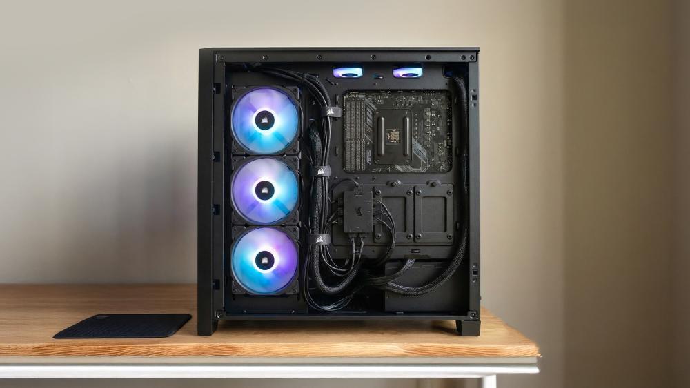 PC case showing fan connections and control setup on the motherboard