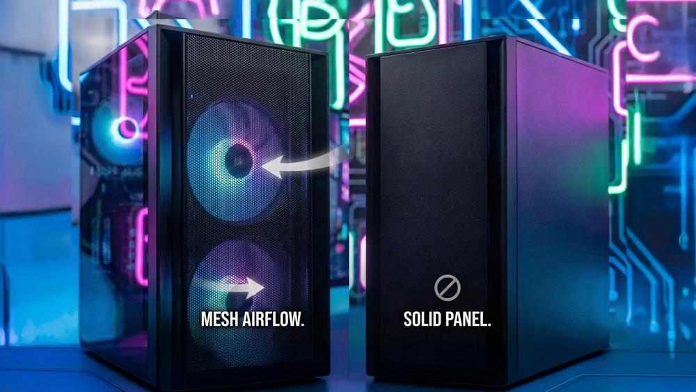 Comparison of mesh and solid PC case fronts showing airflow differences