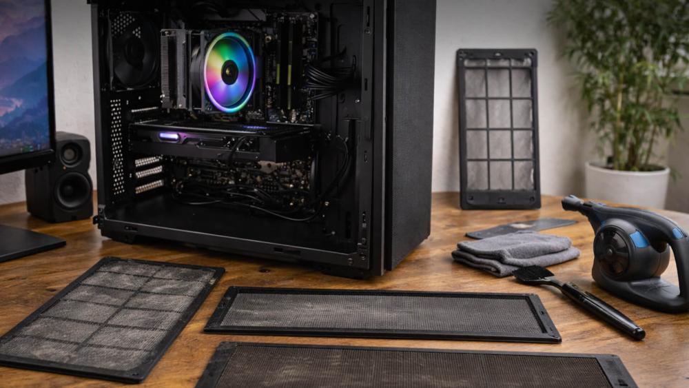 Open desktop PC case with RGB CPU cooler and removed dust filters on a desk alongside cleaning tools, illustrating PC maintenance and airflow optimisation to prevent overheating.