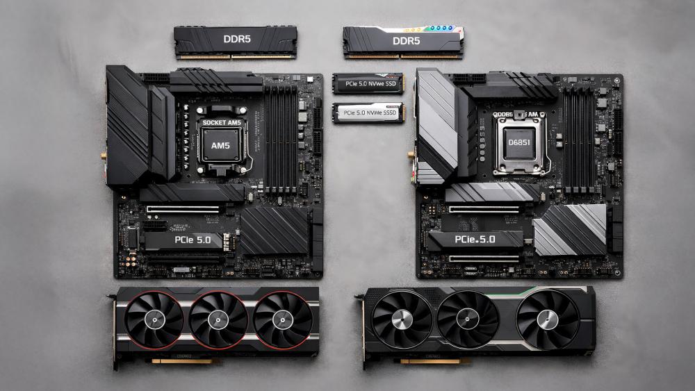 PC upgrade components including DDR5 RAM, PCIe 5.0 SSDs, graphics cards, and modern motherboards for high-performance desktops