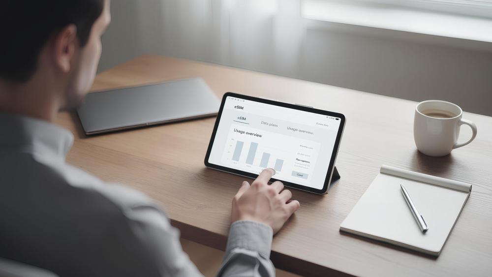Person checking data usage and eSIM settings on a tablet