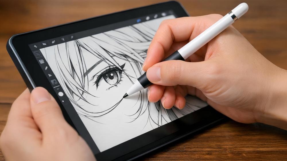 Person sketching detailed illustration on a 10 inch tablet using a stylus