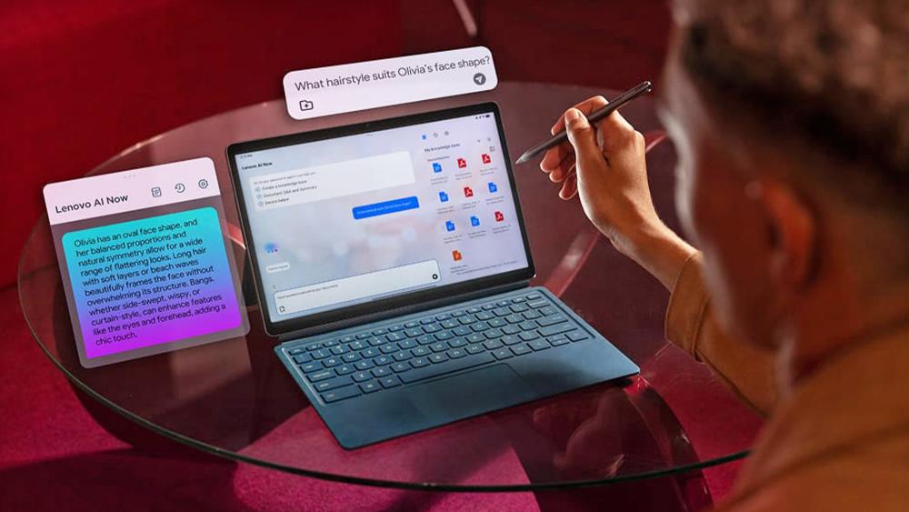 Person using an AI-powered tablet with a stylus and keyboard to manage documents and productivity tasks.