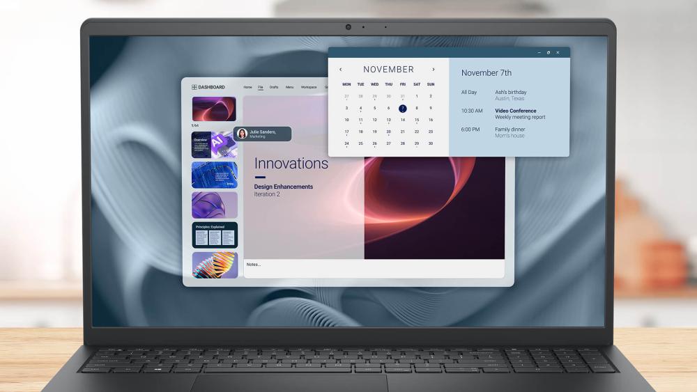 Dell Pro 15 Essential laptop showing productivity dashboard and calendar