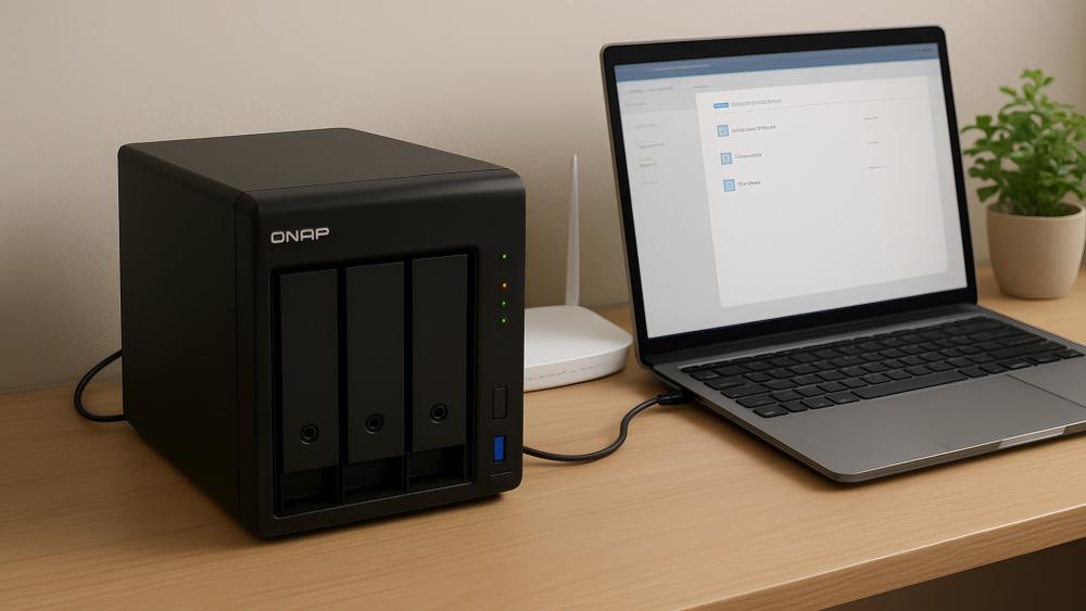 QNAP NAS connected to laptop on a home office desk