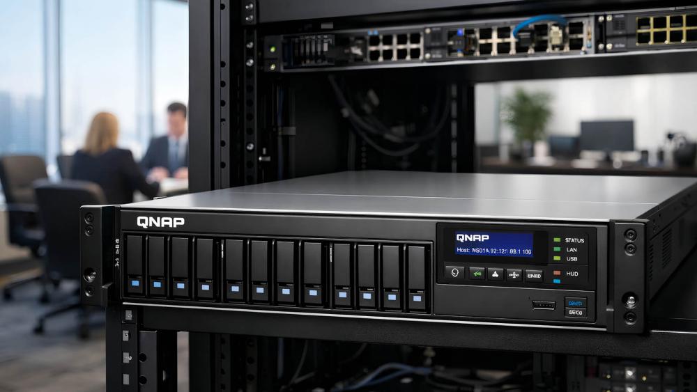 QNAP rackmount NAS installed in a business server rack