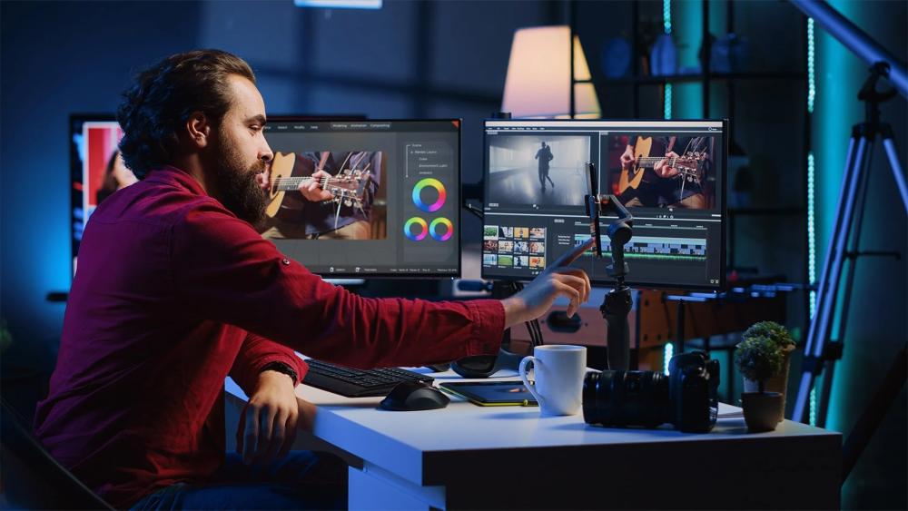 Video editor using refurbished dual monitors for editing workflow