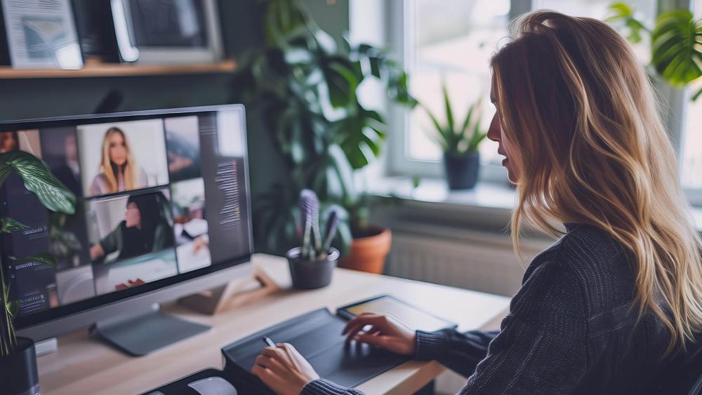 Woman working from home attending a video meeting on a desktop computer in a modern home office.