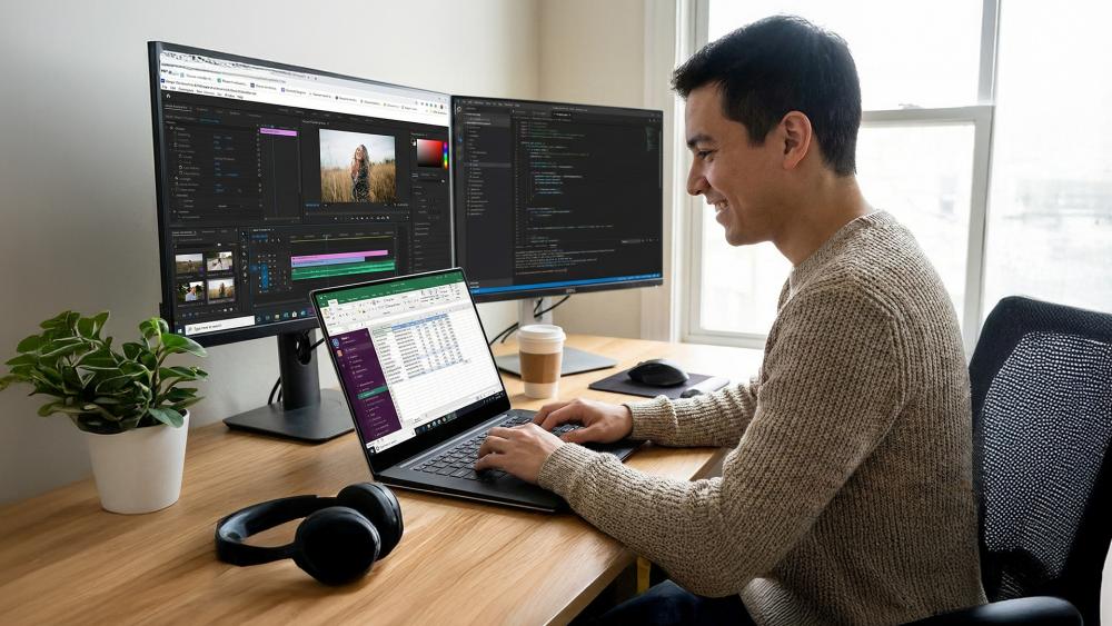 Remote worker using laptop with dual monitors at home office