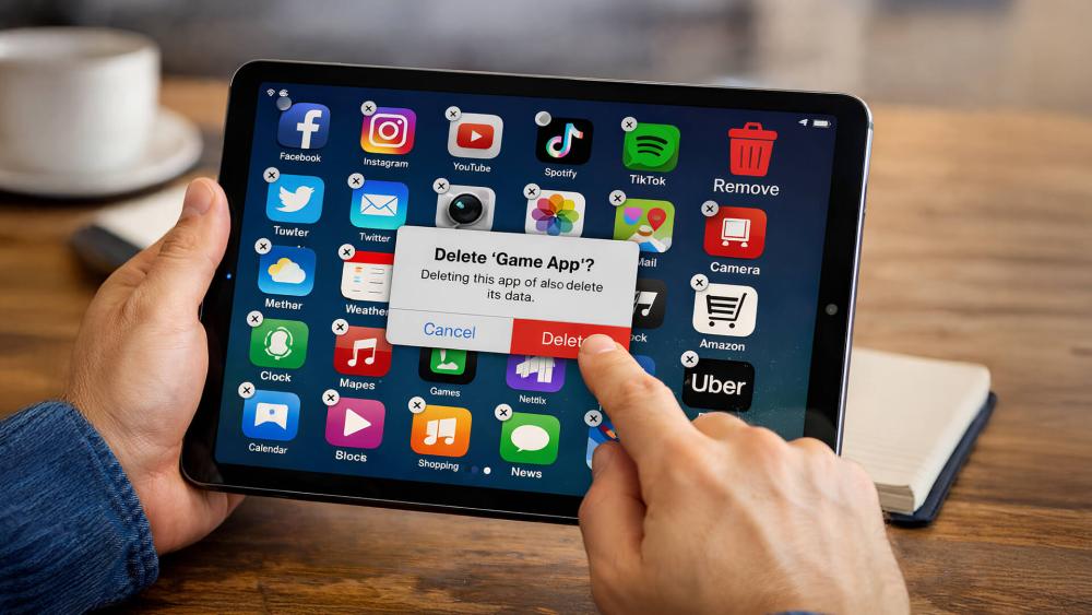 Person deleting unused apps on a 10-inch tablet to free storage