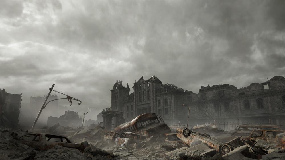 Ruined Raccoon City skyline in Resident Evil Requiem