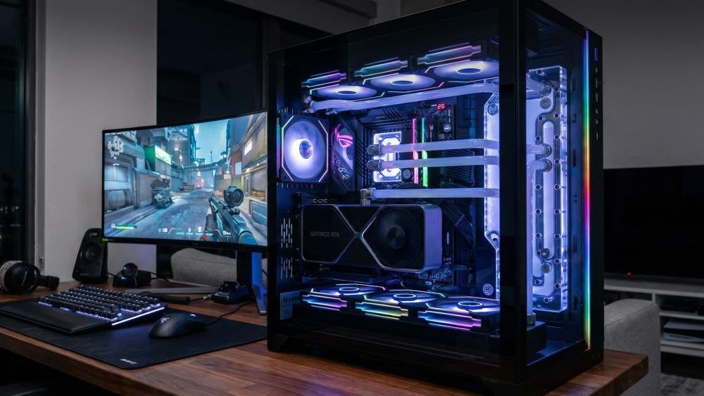 RGB gaming desktop PC setup with high-performance graphics card and custom cooling for immersive gameplay