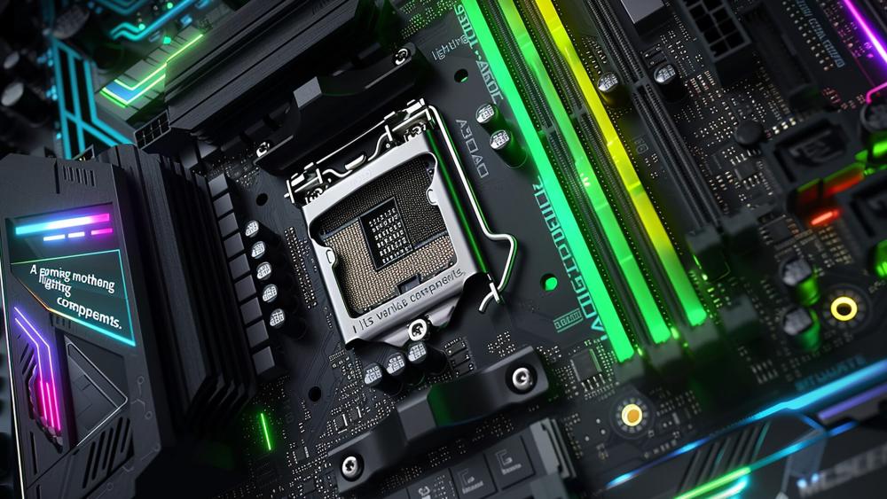 RGB gaming motherboard with CPU socket, DDR5 RAM slots and illuminated components for high-performance PC builds.