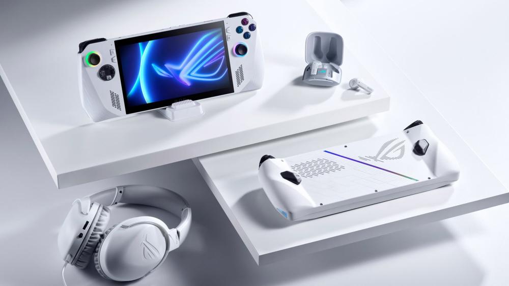 ROG Ally portable console with headset, dock, and earbuds