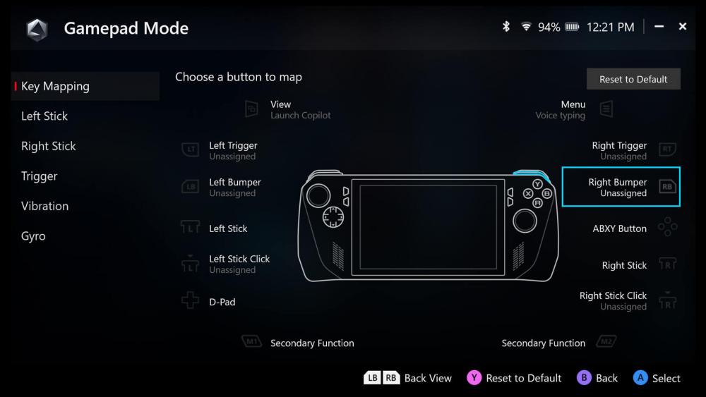 ROG Ally gamepad settings screen