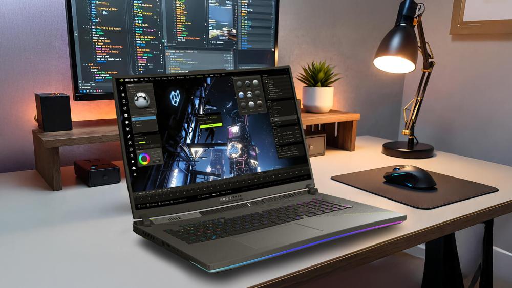 ROG Strix laptop used for creative work on a modern desk setup