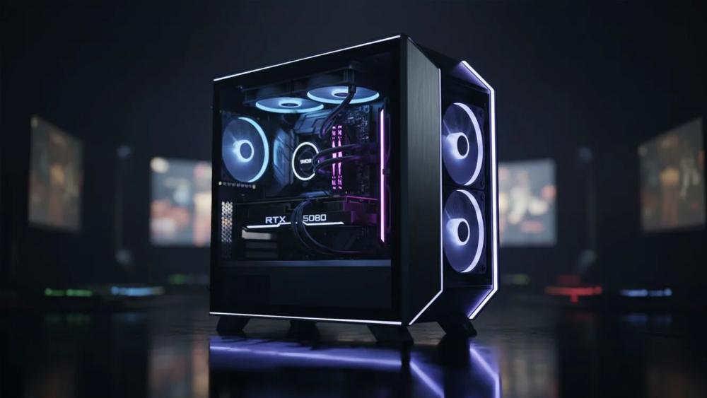 High end gaming PC with RTX 5080 and RGB cooling setup
